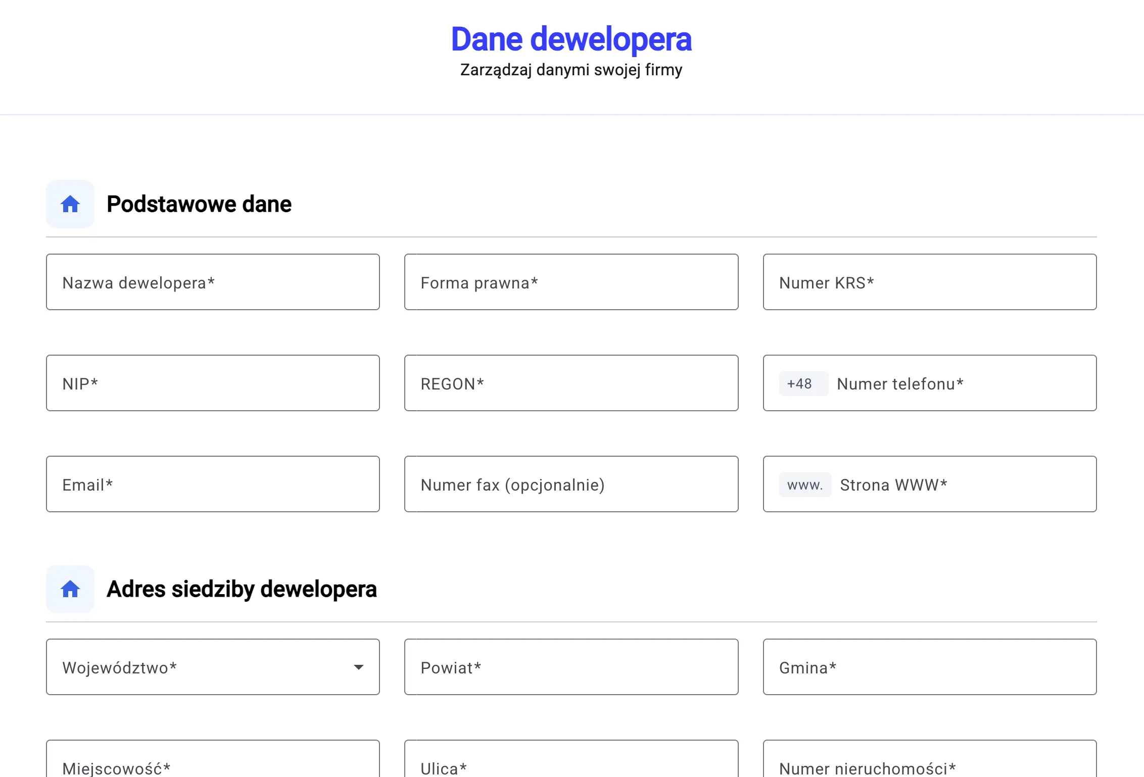 Formularz danych dewelopera