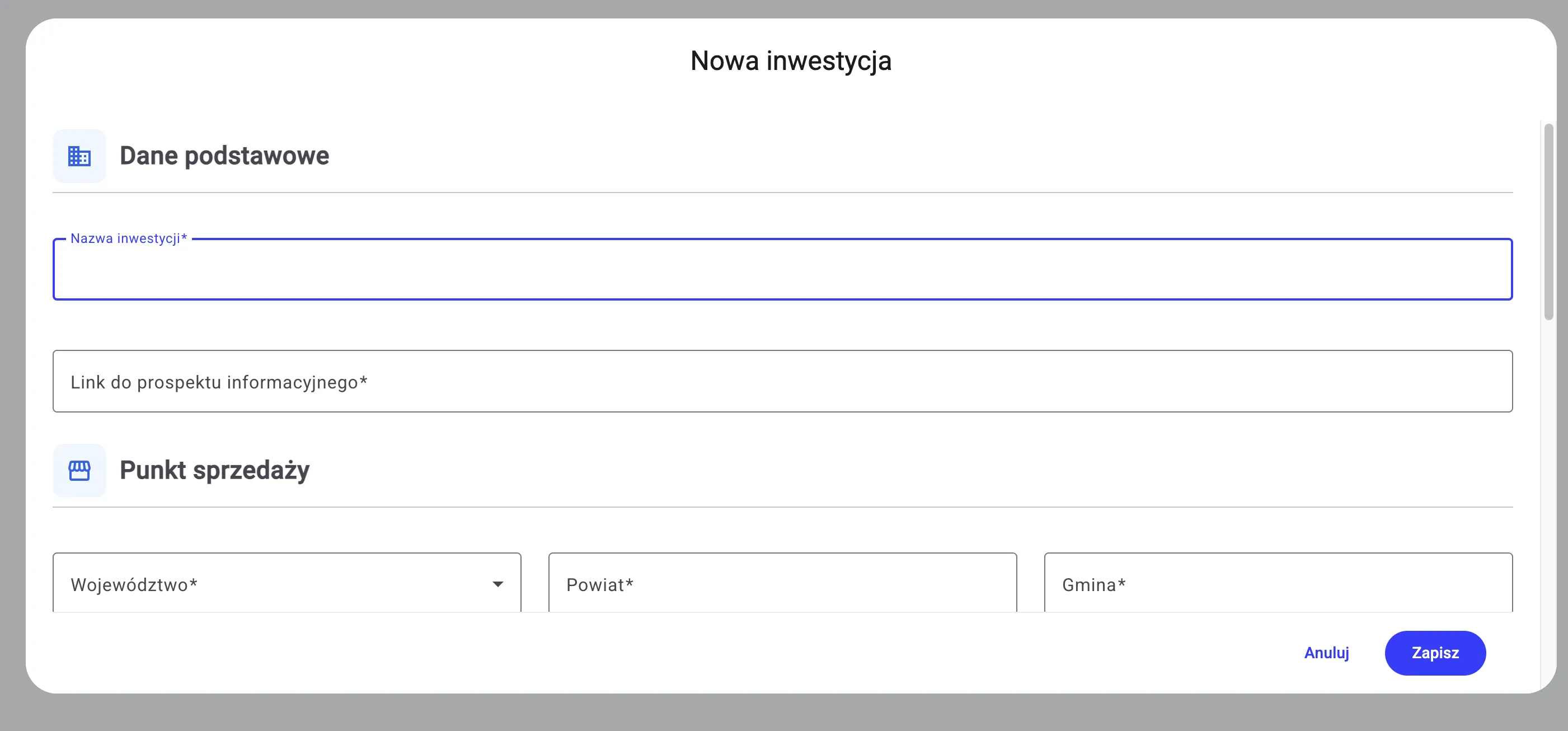 Formularz nowej inwestycji